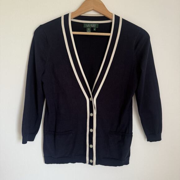 Lauren Ralph Lauren Silk Navy Cardigan XS Quiet Luxury Preppy Dark Academia - Picture 1 of 10